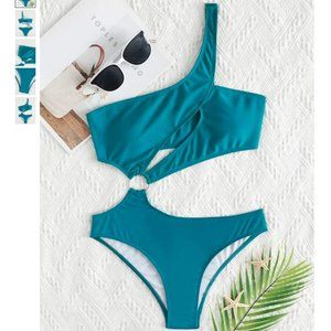 Shein Cut-out One Shoulder One Piece Teal Swimsuit